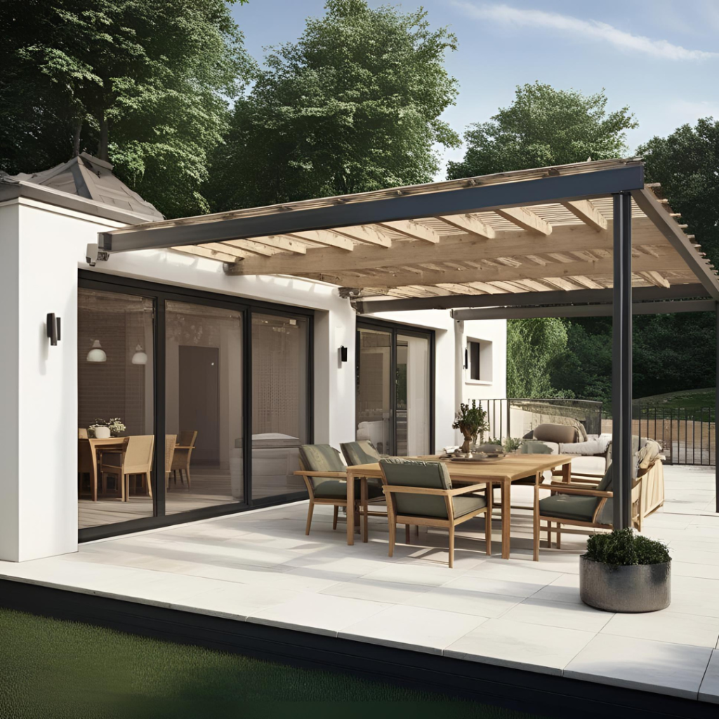 Eine Sitzgruppe ist mit einer Terrassenüberdachung geschützt